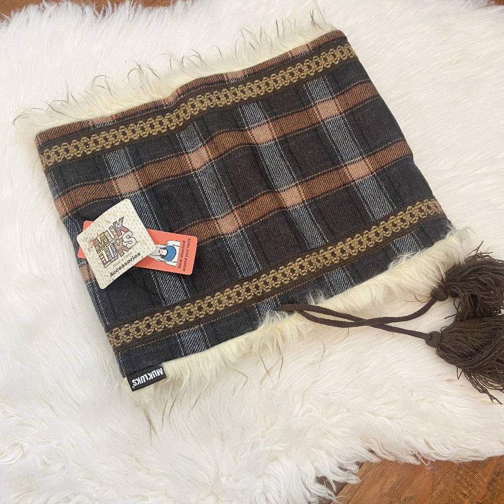 NWT Muk Luks Faux Fur Lined Neck Funnel Scarf Plaid